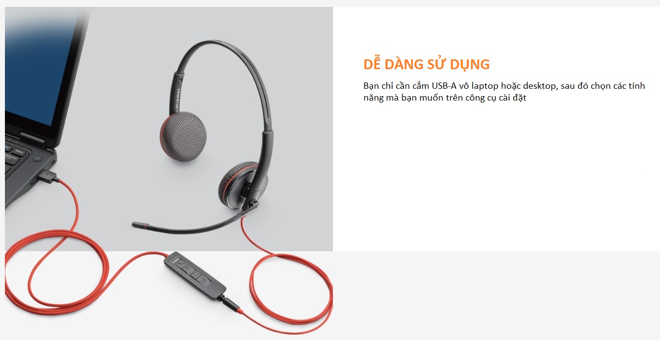 Tai Nghe Chụp Tai Có Dây Poly Plantronics Blackwire 3220 USB-A, Mic Khử Ồn - Chính Hãng