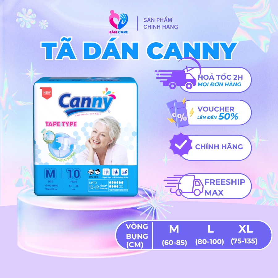 Tã Dán Người Lớn Canny Siêu Mềm, Siêu Thấm, Kháng Khuẩn Size M10, M/L10, XL10 (10miếng)