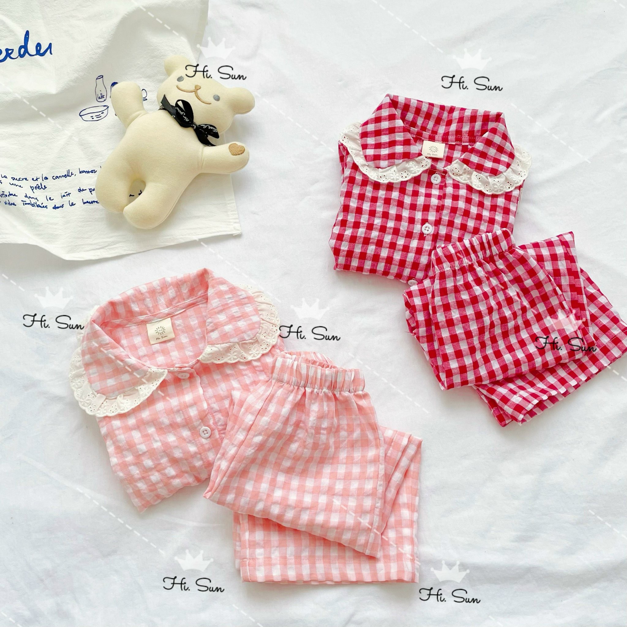 (11-40kg) Bộ ngủ bé gái Pijama cute kẻ caro