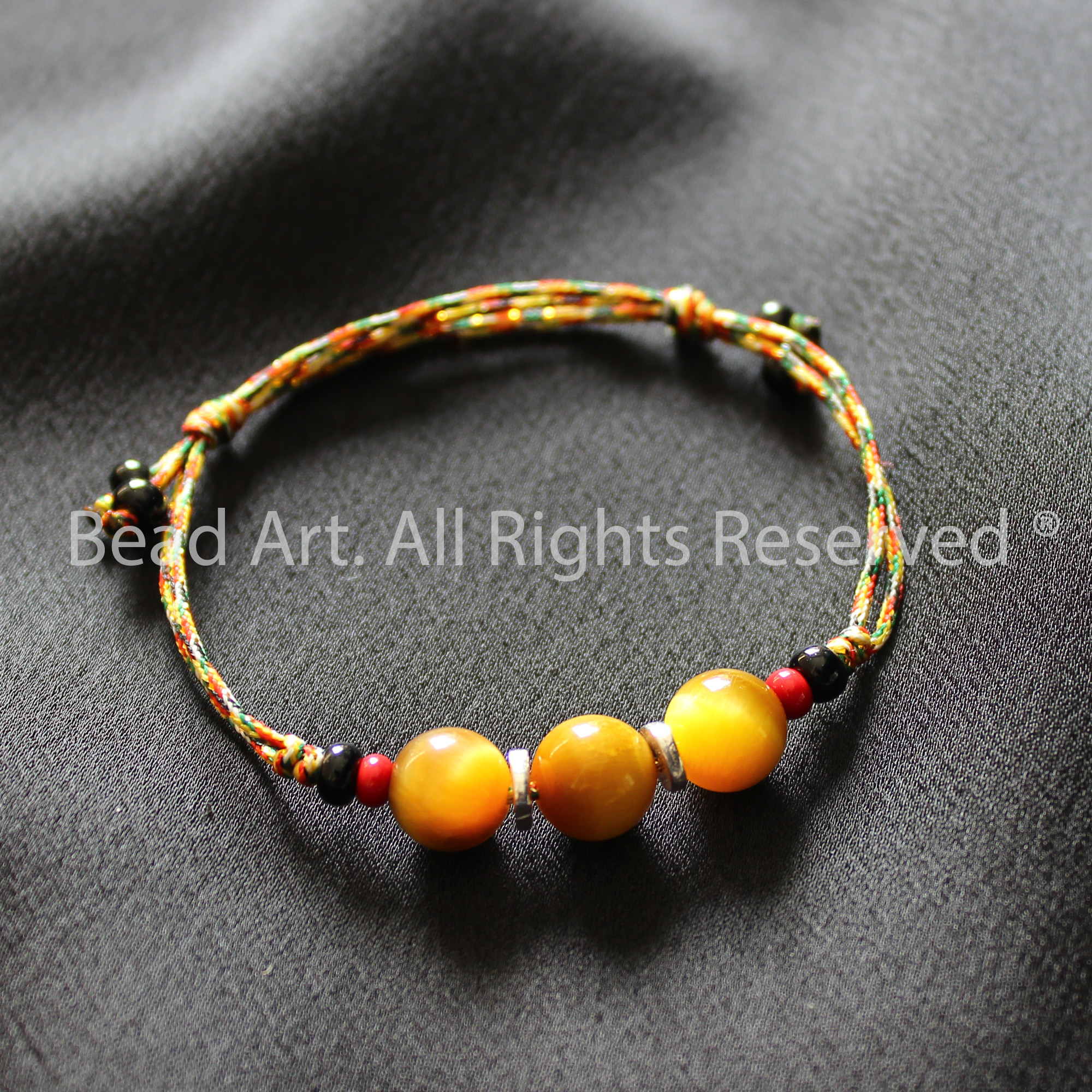 Vòng Tay Ngũ Sắc Thắt Dây Và Đá Mắt Hổ Vàng, Golden Tiger Eye Thiên Nhiên, Vòng Tay Phong Thuỷ, Mệnh Thổ, Kim - Bead Art