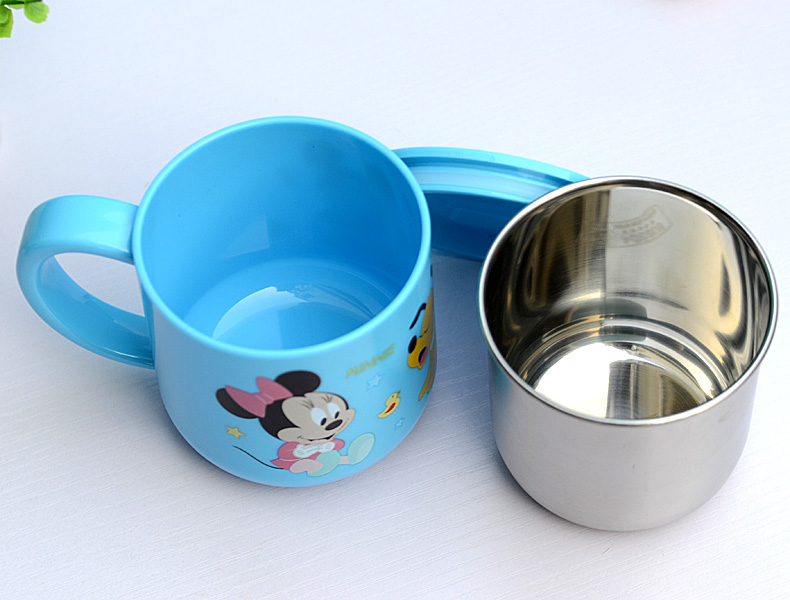 Ly cốc giữ nhiệt Disney in hình chuột Mickey Minnie Mouse màu xanh có nắp và quai cầm cho bé - 260ml