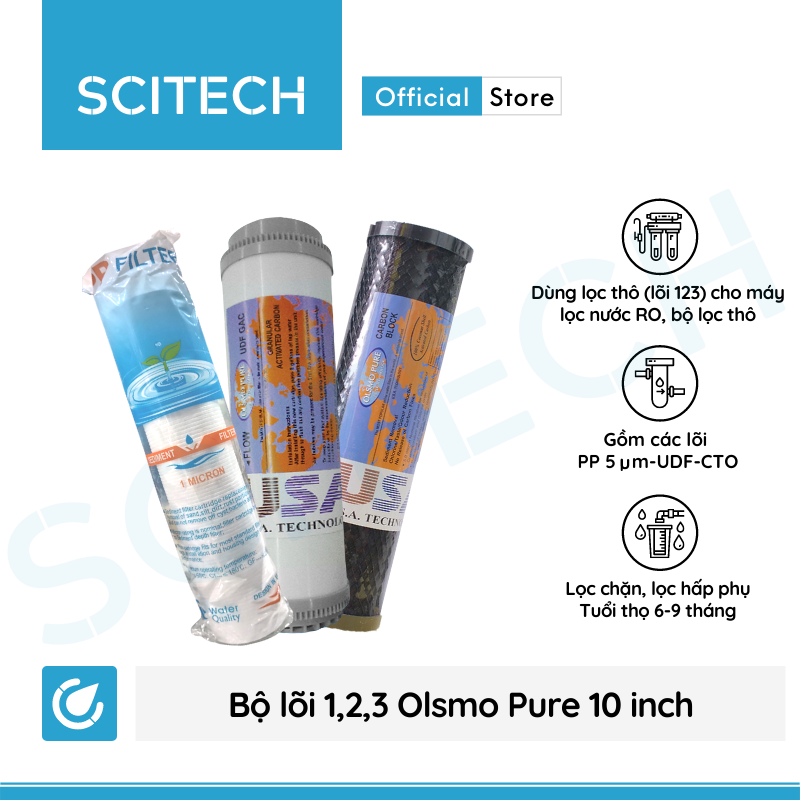 Bộ lõi lọc nước số 1,2,3 (PP-UDF-CTO) 10 inch Olsmo Pure by Scitech dùng trong máy lọc nước RO, bộ lọc thô - Hàng chính hãng