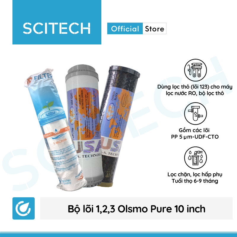 Bộ lõi số 1,2,3 Olsmo Pure 10 inch by Scitech (Lõi PP-UDF-CTO) - Dùng cho máy lọc nước RO, bộ lọc thô - Hàng chính hãng