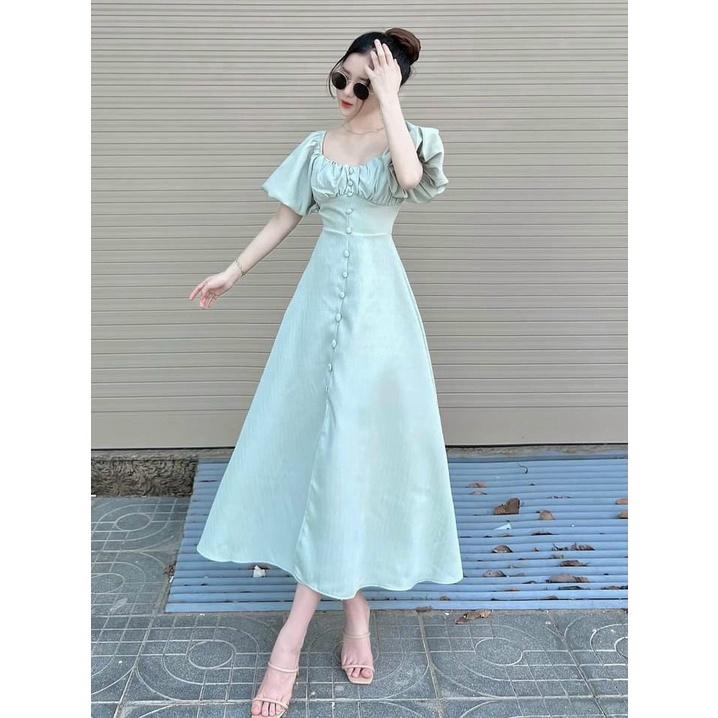 Đầm maxi nữ phong cách dạo biển tay phồng phối hàng nút có mút duyên dáng gợi cảm DS