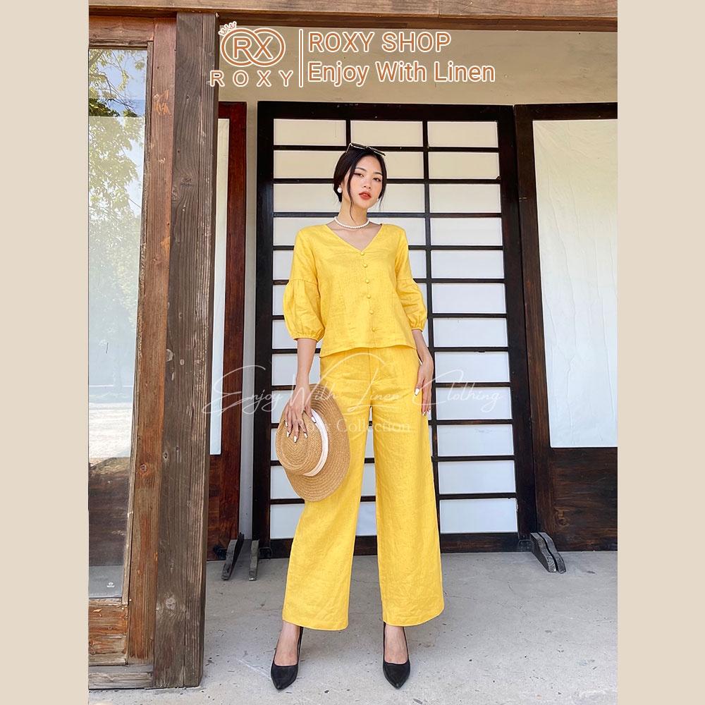 Set Bộ Linen Áo Tay Dài Cổ Tim Tay Dài Bo Chun Phối Quần Ống Suông