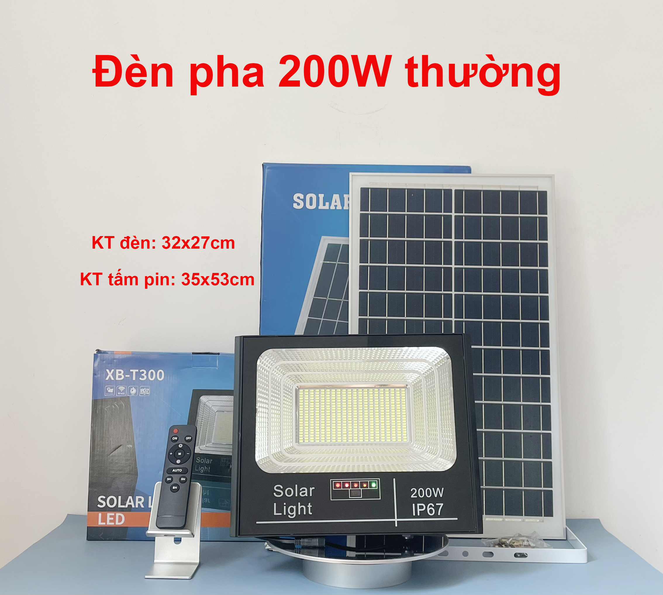 Đèn pha năng lượng mặt trời 200W loại thường –Vỏ nhôm,Tấm pin NLMT rời,Ánh sáng trắng, Báo pin ngoài