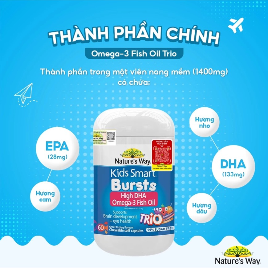 Viên nhai dầu cá Nature's Way High DHA Omega-3 Fish Oil Trio 60 viên bổ sung DHA phát triển trí tuệ cho bé