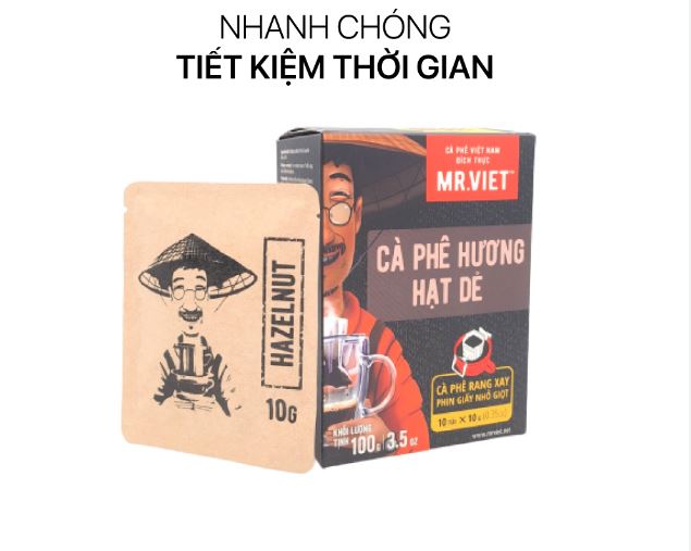 Cà phê rang xay phin giấy/ túi lọc Hazelnut hương hạt dẻ - Mr Viet Coffee (10 gói/hộp x 10g)