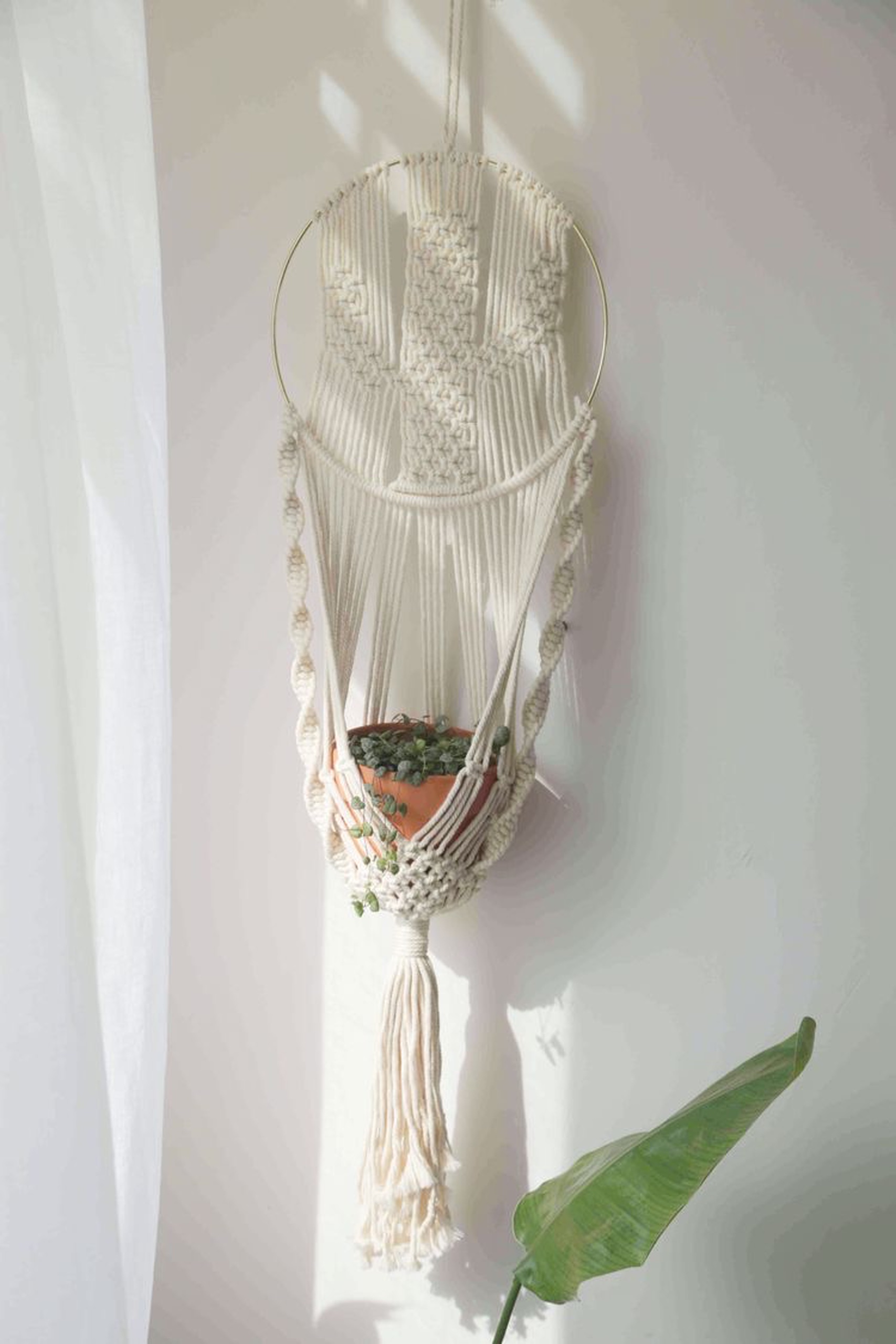 Dây treo cây cảnh trang trí Macrame kết hợp vòng tròn đan dây hình cây xương rồng. GTT21321