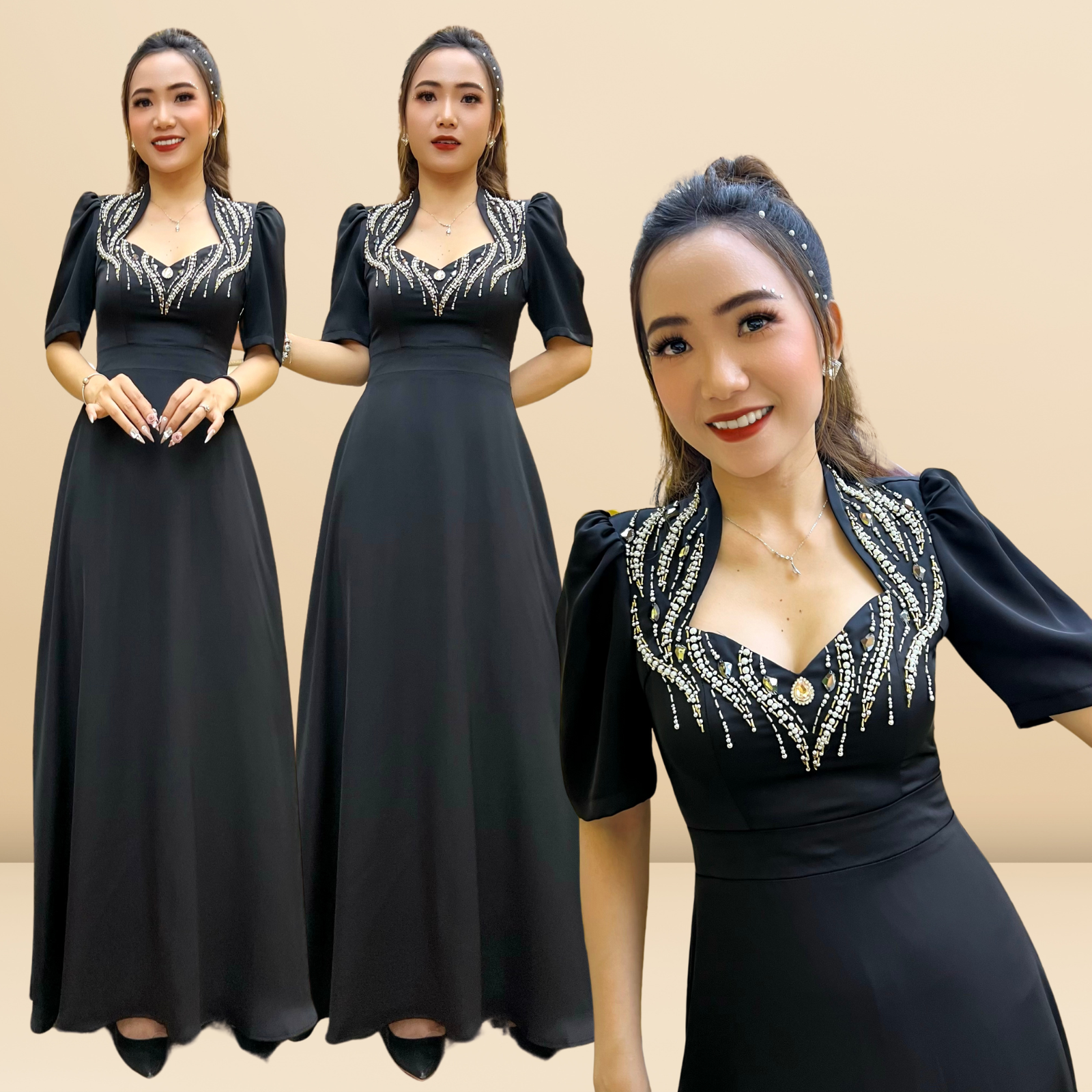 Đầm dạ hội nữ lụa đính đá đi tiệc kết hoa cao cấp Rosaleen Dress Quỳnh Anh Luxury