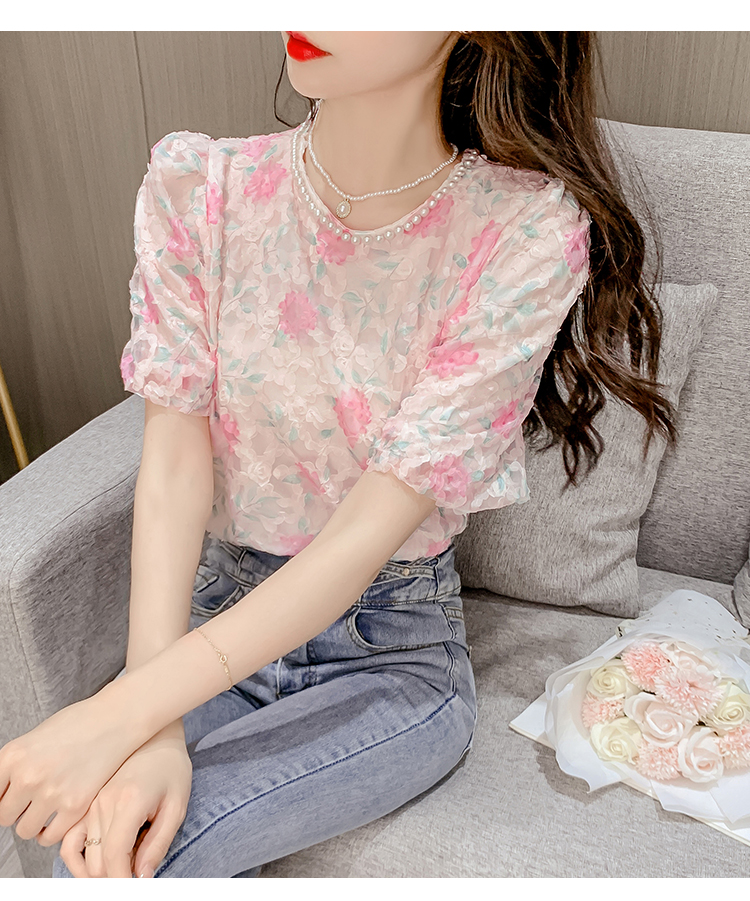 HÀNG QUẢNG CHÂU - ÁO KIỂU NỮ CỔ TRÒN KẾT HẠT HỌA TIẾT HOA LÁ NỔI SIÊU XINH - A58276