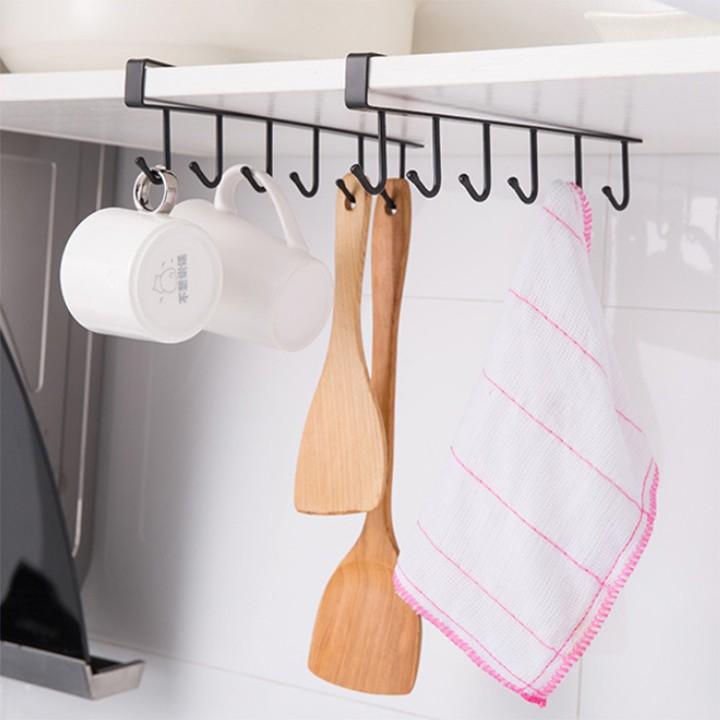 Giá 6 móc treo đồ đa năng, gắn cài kẹp dưới tủ kệ bếp quần áo để cốc ly