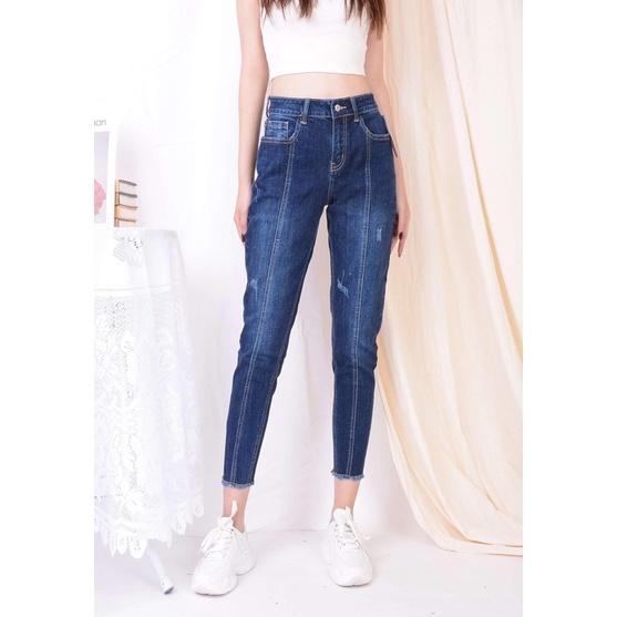 Quần jean 9 tấc Size To phom Baggy/boyfriend co dãn mạnh, lưng cao, kiểu ống ống quần có sọc giữa 4144