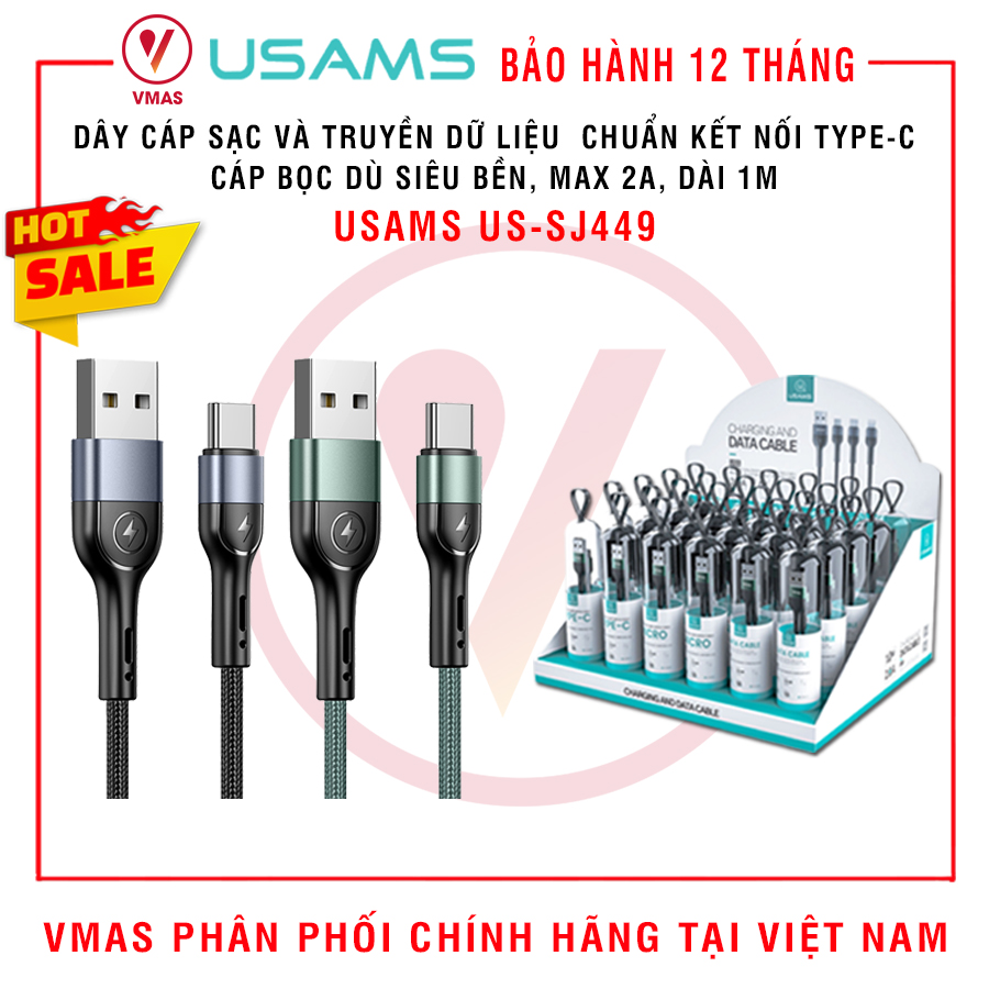 Dây Cáp sạc nhanh và truyền dữ liệu bọc dù USAMS US-SJ449 chuẩn kết nối Type-C dài 1m, hàng chính hãng