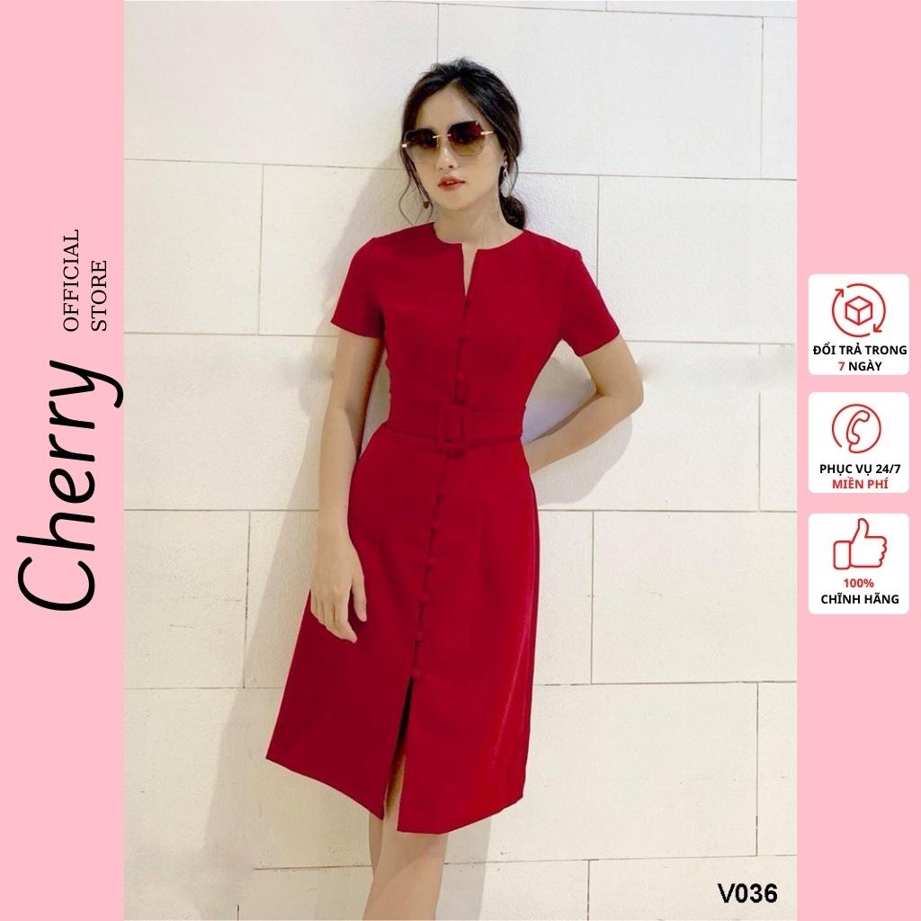 Váy nữ maxi công sở có đai thắt eo sang trọng CHERRY đầm nữ maxi thiết kế có đai cổ tàu cá tính V036