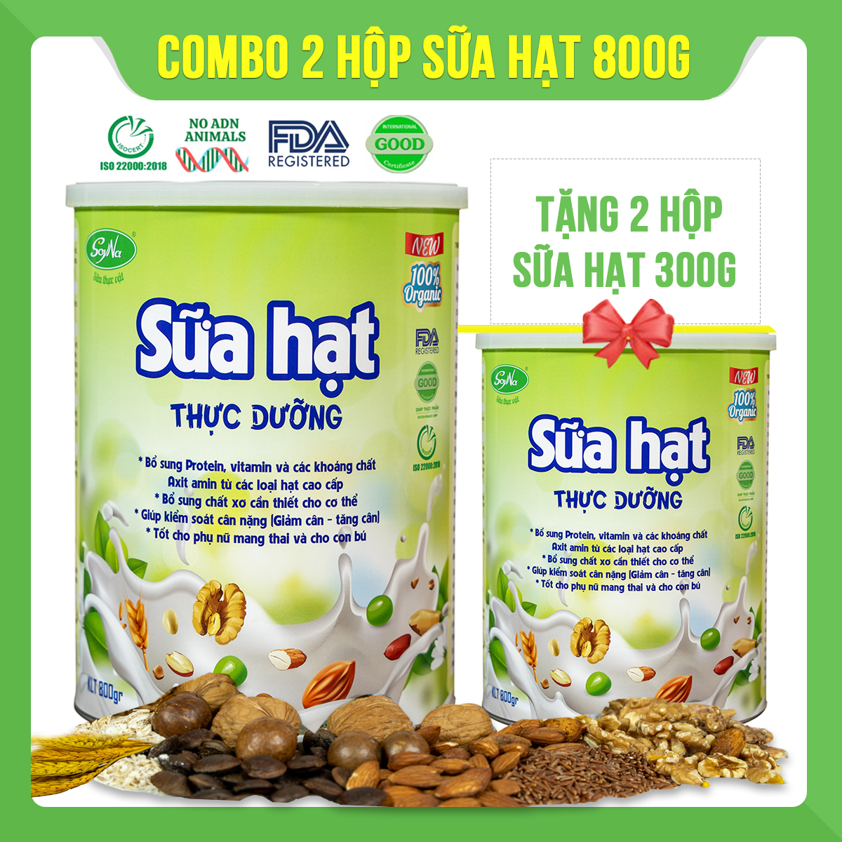 Combo 2 hộp Sữa hạt thực dưỡng Soyna 800g tặng kèm 2 hộp sữa hạt 300g hoặc 2 hộp sữa mầm gạo lứt 300g