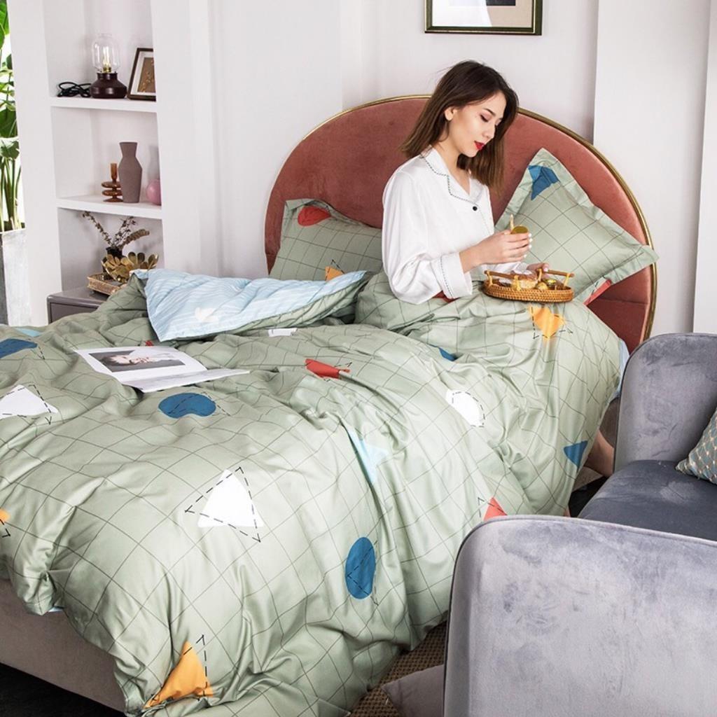 Bộ Chăn Ga Gối Cotton Poly Hình Học Xanh