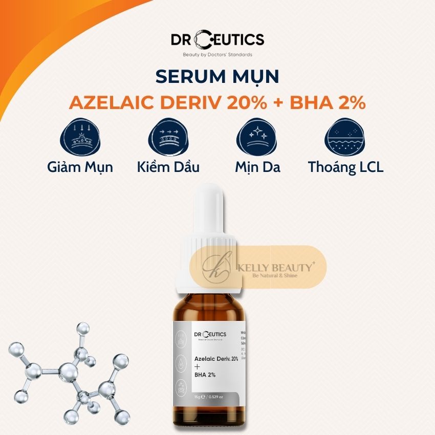 Serum Mụn AZE DrCeutics - Giảm Mụn Mờ Thâm; Tăng Đề Kháng, Sạch LCL, Mềm Mịn Da - Azelaic Deriv 20% + BHA 2% | Kelly Beauty