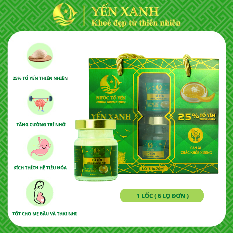 TỔ YẾN CHƯNG ĐƯỜNG PHÈN - YẾN XANH - LỐC 6 LỌ