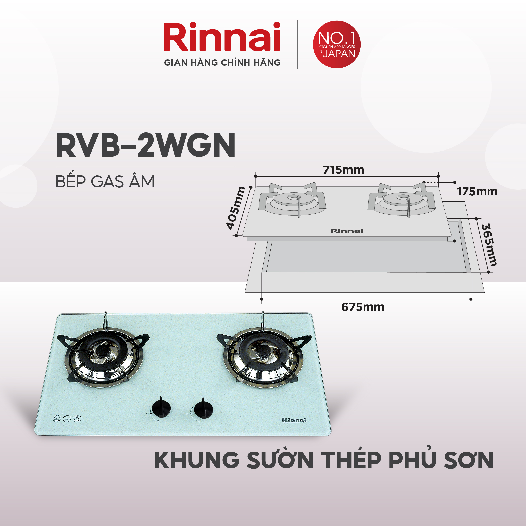 Bếp gas âm Rinnai RVB-2WGN mặt bếp kính và kiềng bếp men - Hàng chính hãng.