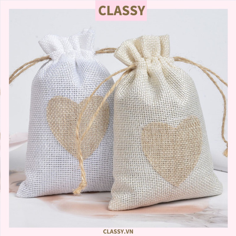 Classy Túi dây rút bằng vải lanh kích thước 10x14CM mặt trước in trái tim T1355