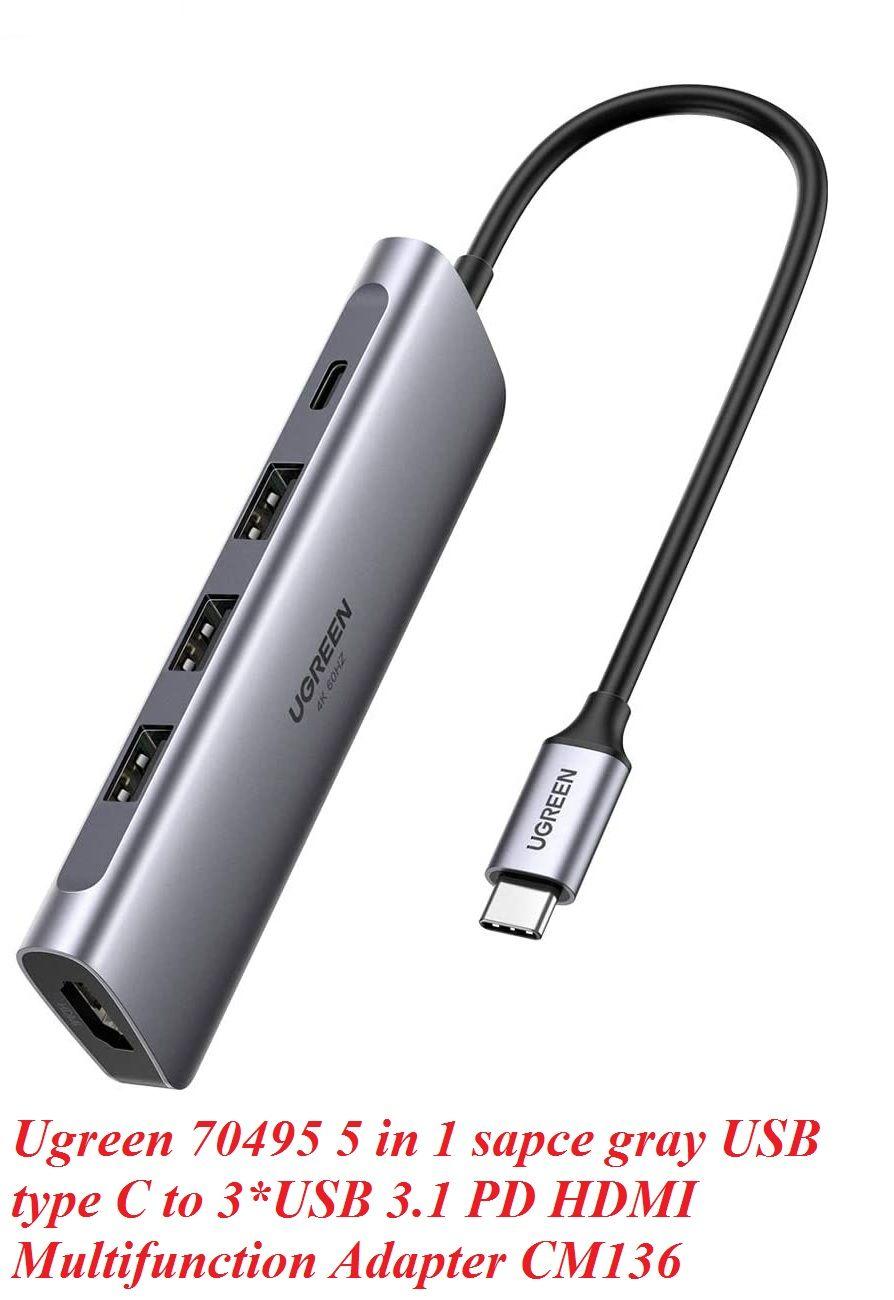 Ugreen UG70495CM136TK 5 trong 1 màu xám bộ chuyển USB type C ra 3*USB 3.1 sạc 100w PD 4K HDMI - HÀNG CHÍNH HÃNG