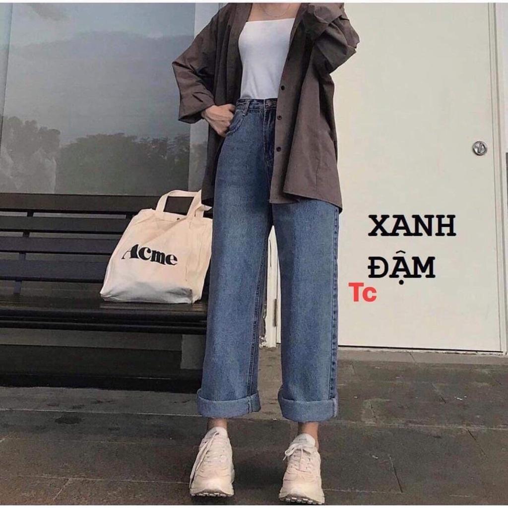 Quần jean ống rộng suông lưng cao xanh đậm