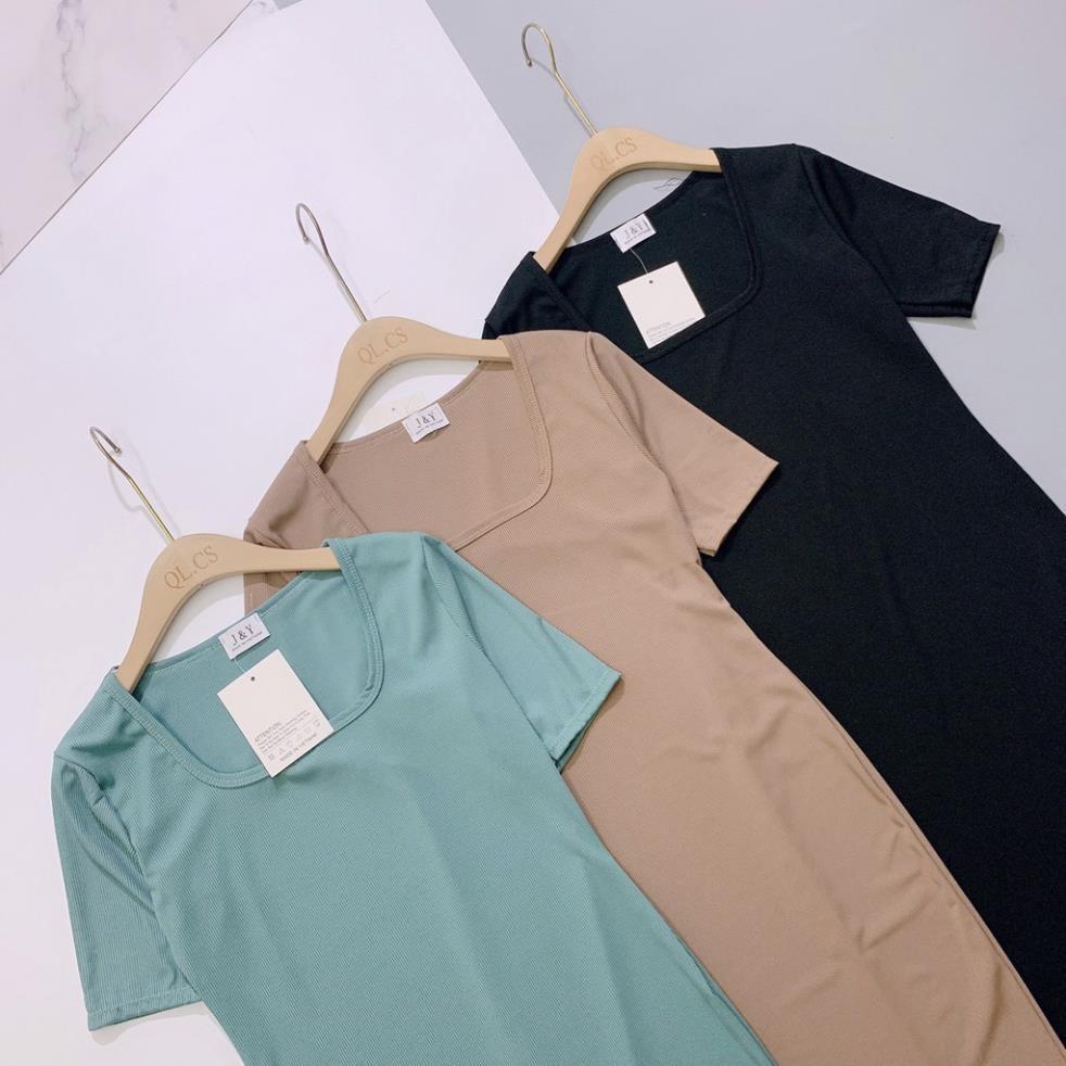 Váy body tăm cổ U hai màu siêu tôn dáng