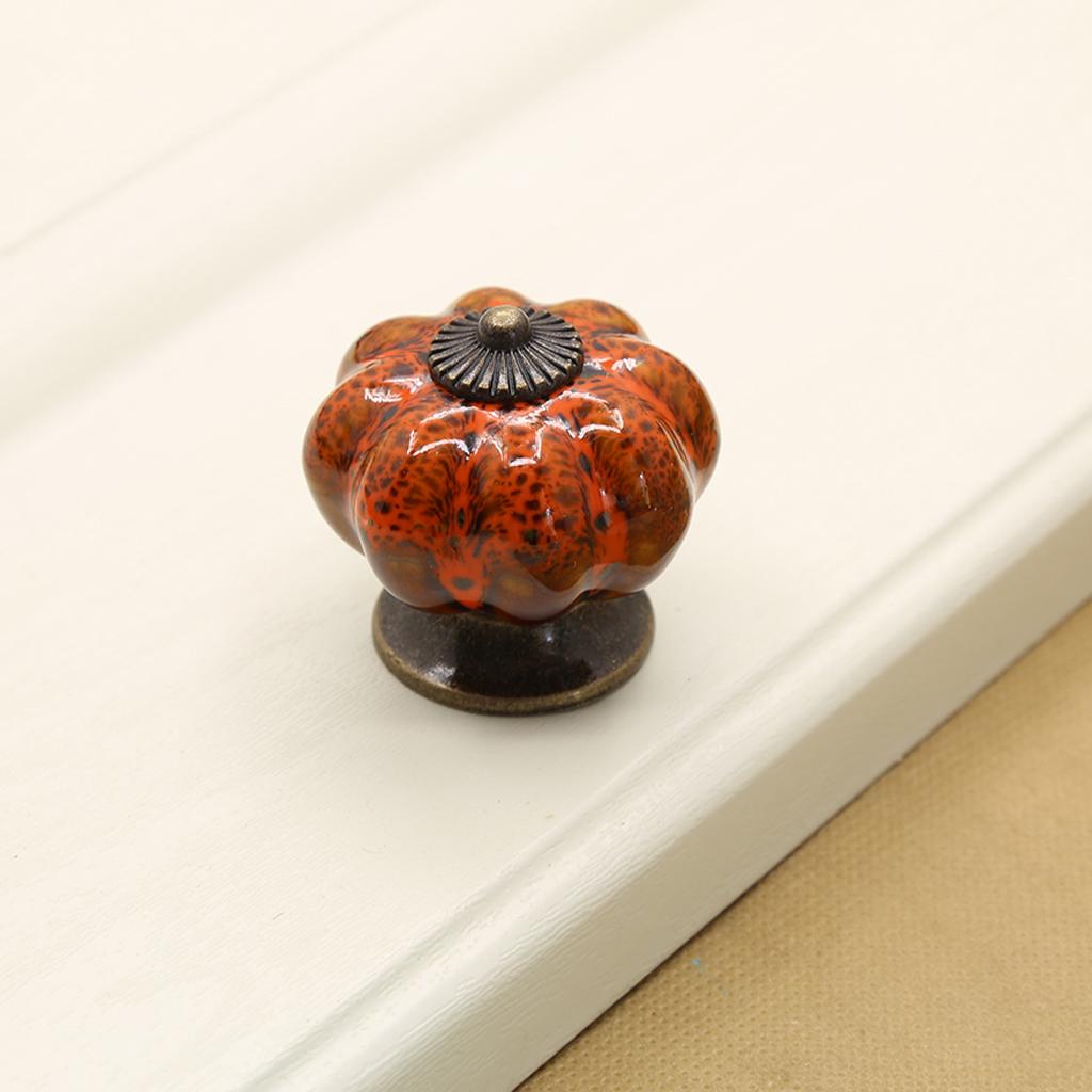 2x Round Pumpkin Shape Ceramic Cabinet Handles Orange