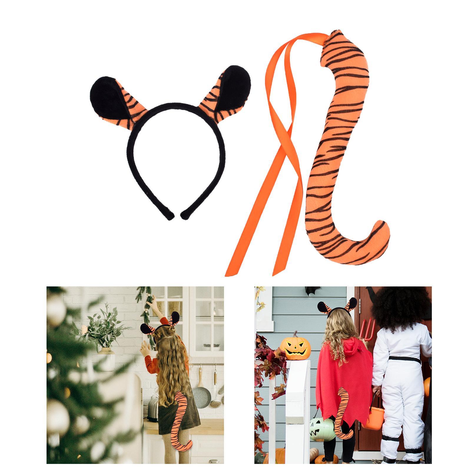 Tiger Ears and Tail Set Hoop Faux Cosplay Props Cow Ear Headband Ears Hair Clip for Prom Christmas Halloween Women