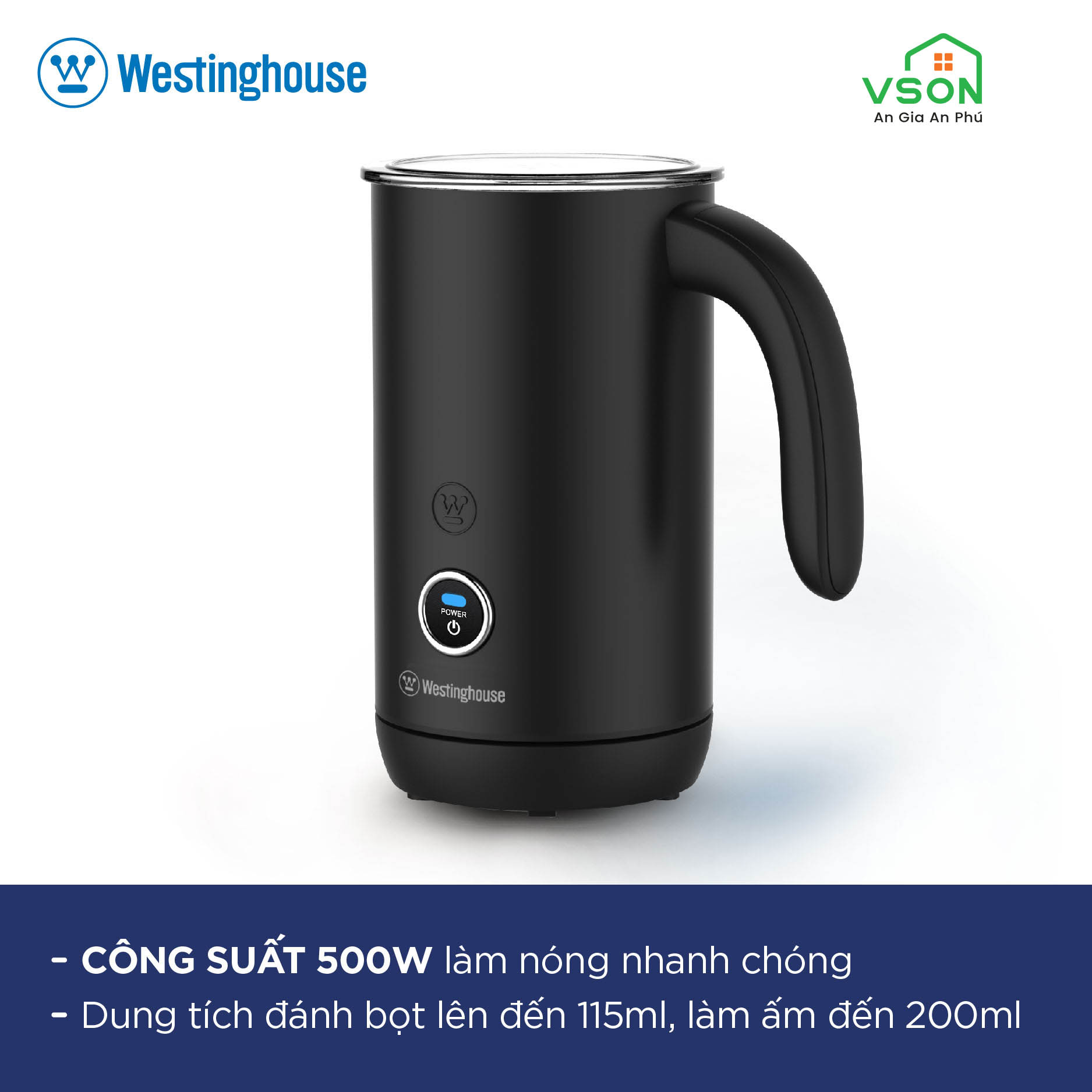 Máy đánh tạo bọt sữa Westinghouse WKMF651 115ml 500W Khởi động 1 chạm - Hàng chính hãng Mỹ