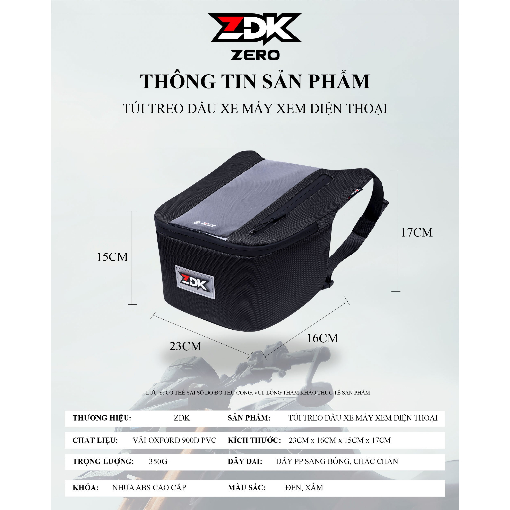 Túi treo xe máy chính hãng ZDK Zero, túi treo đầu xe, túi treo ghi đông xe máy chứa đồ dùng, cảm ứng điện thoại tốt - Hàng chính hãng