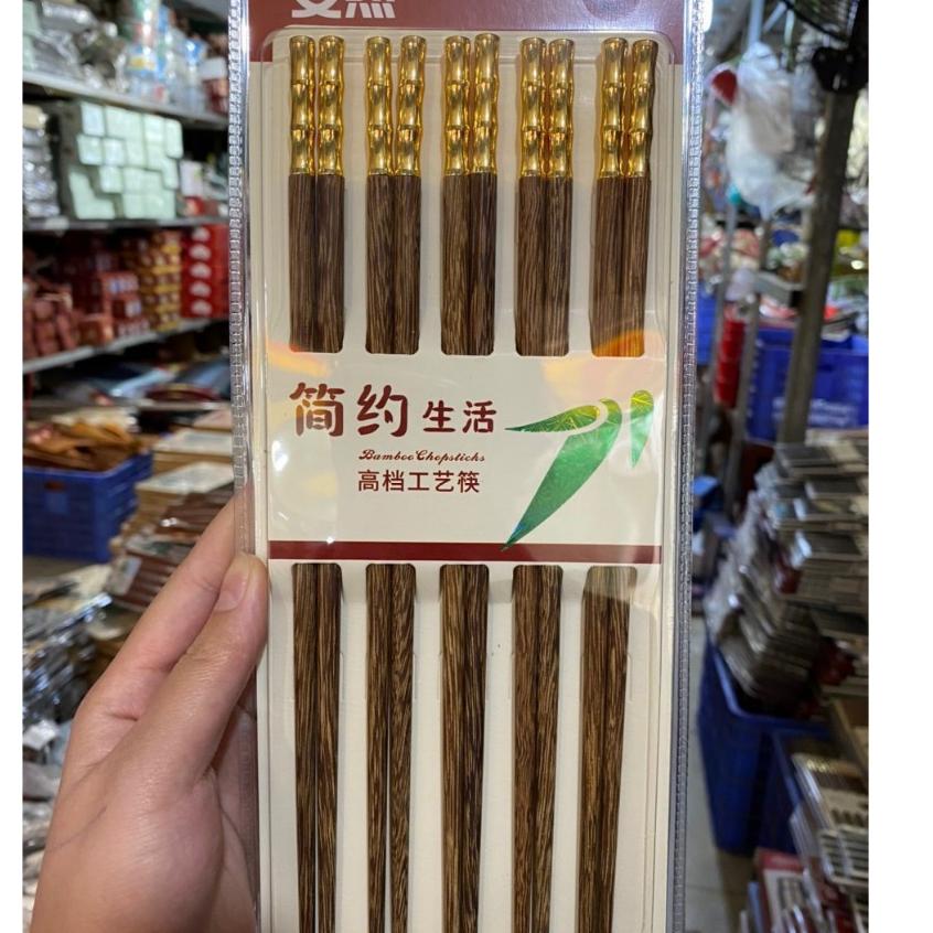 Bộ 5 đôi đũa gỗ nhập khẩu chất lượng cao, bọc mạ vàng dùng cho nhà hàng, gia đình