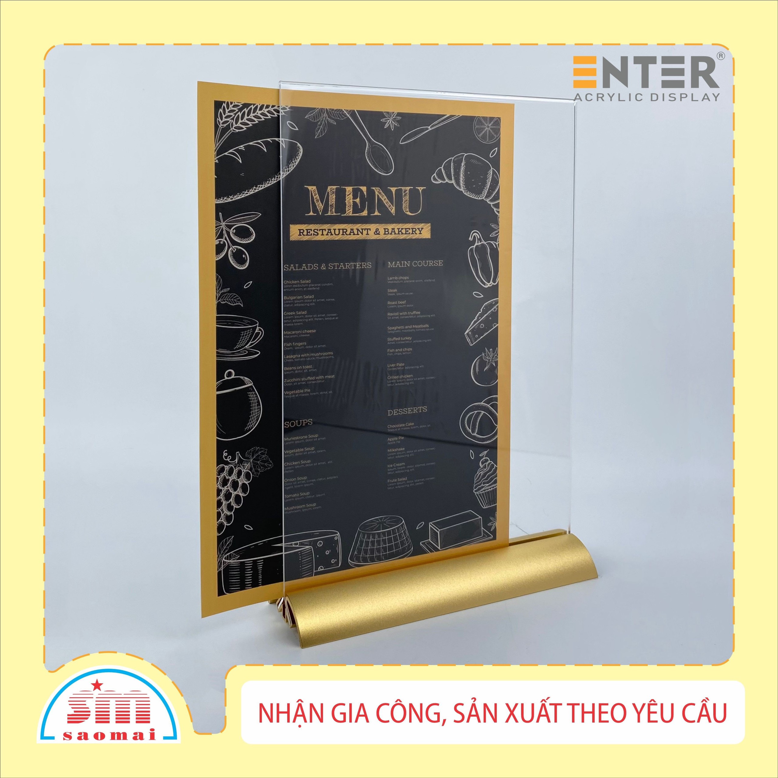 Kệ 2 mặt mica Enter E40 100x150mm đế nhôm cao cấp đen A6