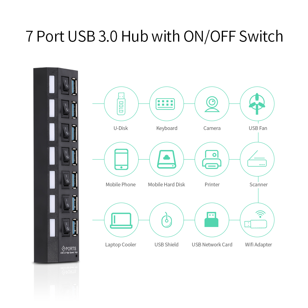 Bộ chia USB 7 cổng USB 3.0 HUB 7 cổng Expander với công tắc cho PC