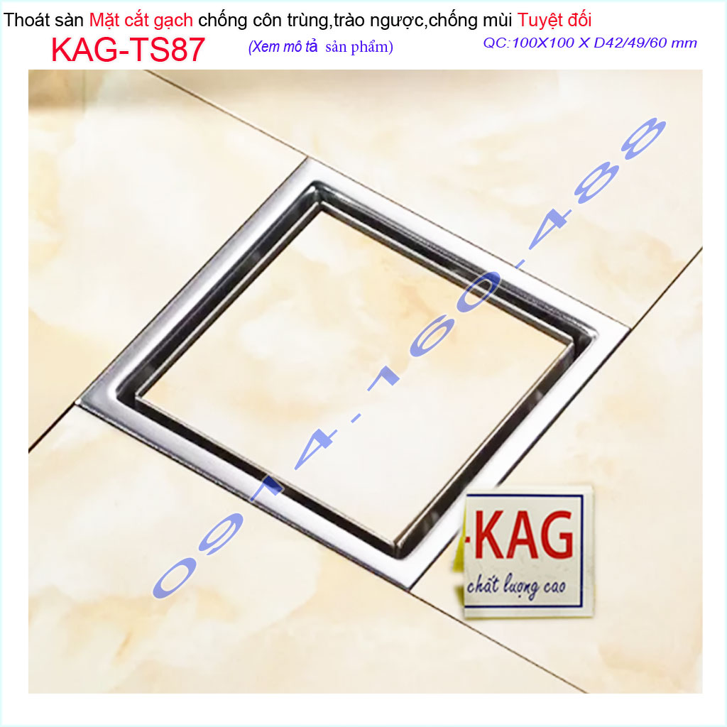 Thoát sàn mặt cắt gạch10x10m, thoát sàn âm inox 304 KAG-TS87, phễu thoát sàn chống hôi chống côn trùng thoát nhanh chặn tóc tốt