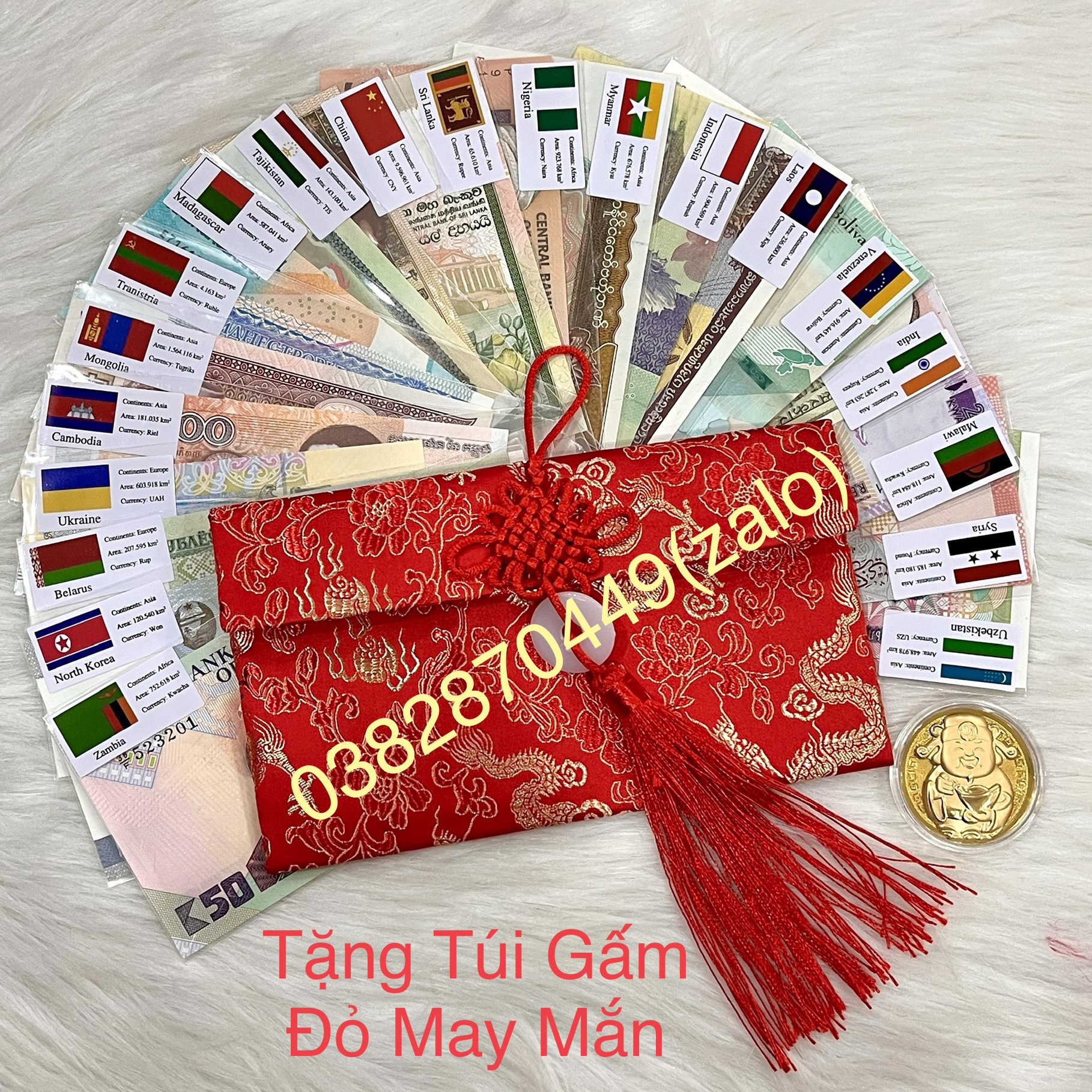 Bộ Quà Tặng Tiền Sưu Tầm 20 Tờ 20 Nước Kỷ Niệm Kèm Túi Gấm Lì Xì Tết