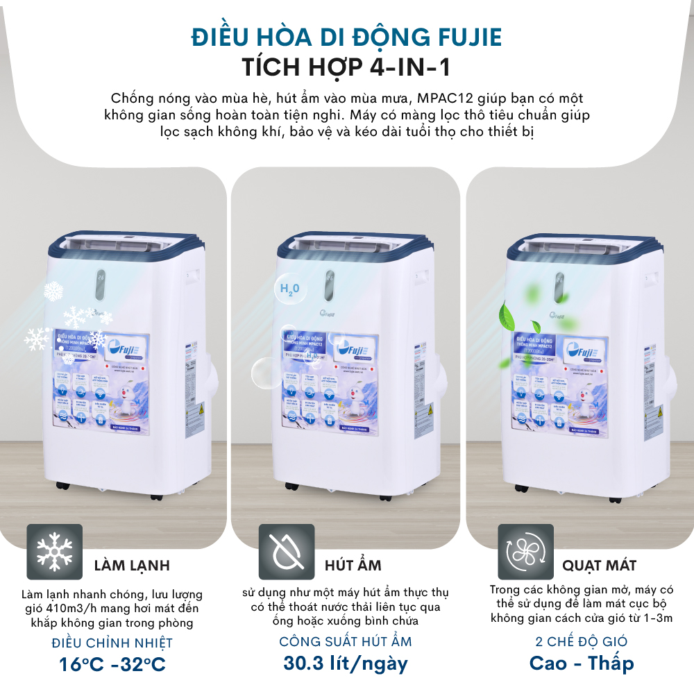 Điều hoà di động 12.000BTU FUJIHOME dùng cho phòng 30m2, máy lạnh đứng di động mini có điều khiển từ xa không cần lắp đặt sử dụng app hút ẩm giao hàng toàn quốc - Hàng Nhập Khẩu