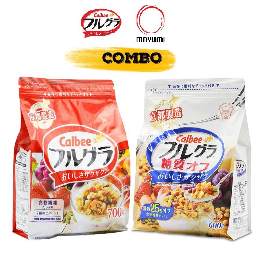 Combo gói 600g Ít đường [date T10/2023] + gói 700g [date T11/2023] Ngũ Cốc Trái Cây Calbee Nhật Bản