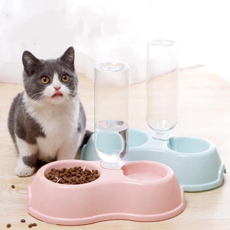 Bát ăn đôi kèm bình kèm bình nước cho thú cưng – Chén ăn kèm cấp nước tự động cho chó mèo dễ tháo lắp nhiều màu