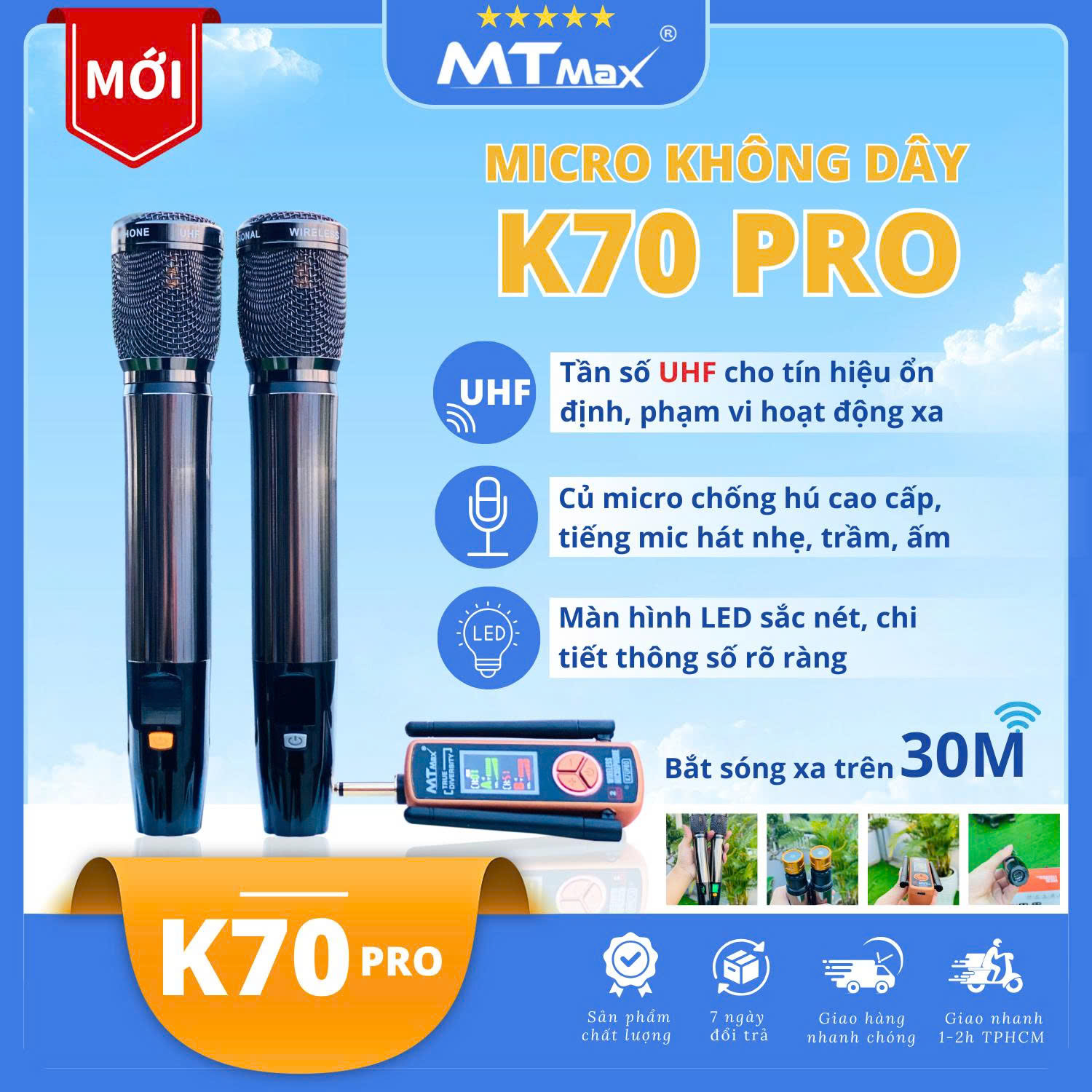 Micro Không Dây Đa Năng MTMAX K70 Pro Bắt Sóng Xa, Hợp Kim Cao Cấp, Chống Hú, Rè, Hạn Chế Tạp Âm, Karaoke Gia Đình, Sự Kiện Chuyên Nghiệp hàng nhập khẩu