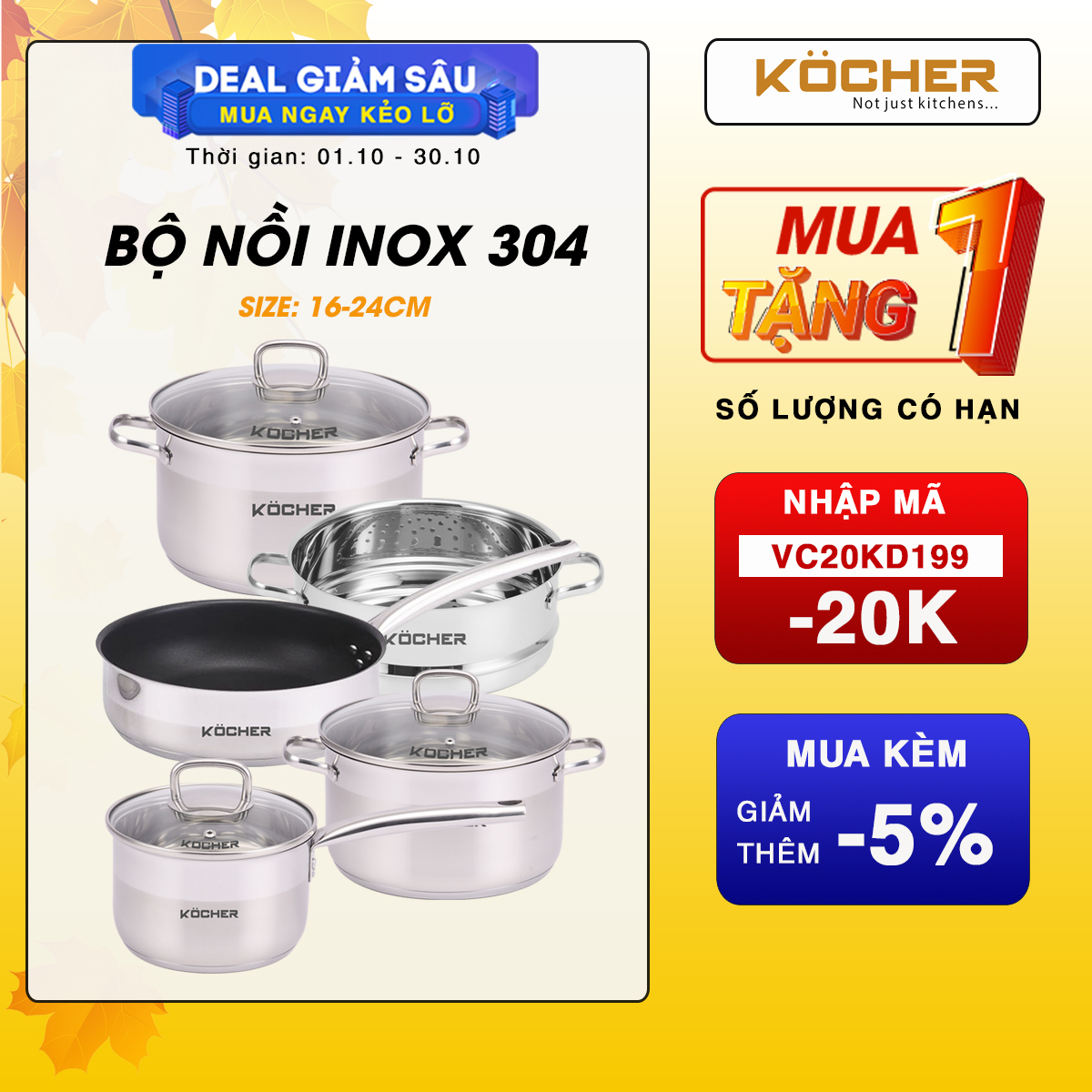 Combo bộ nồi chảo inox 304 5 đáy cao cấp KOCHER size 16cm, 20cm, 24cm dùng được cho mọi loại bếp