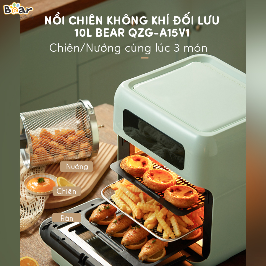 Nồi chiên không dầu Bear 10L QZG A15V1 - Làm nóng bằng không khí, nướng đối lưu - Hàng nhập khẩu