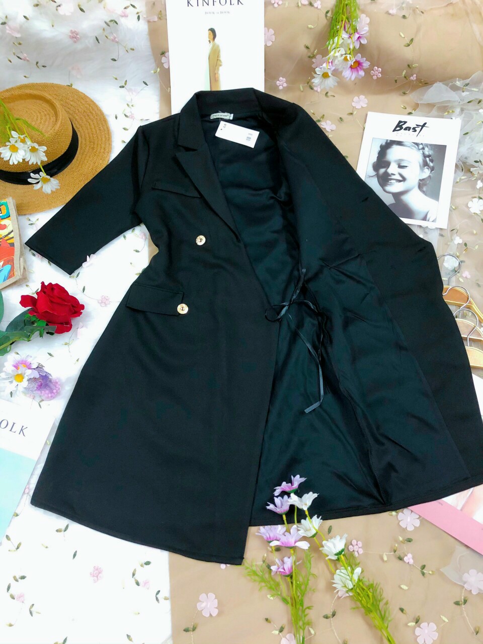 Đầm Vest Nữ Thiết Kế Tay Lỡ Đính Nút Form Tôn Dáng, Chất Vải Cotton Co Giãn Có Lót Trong Hanaki HNK334