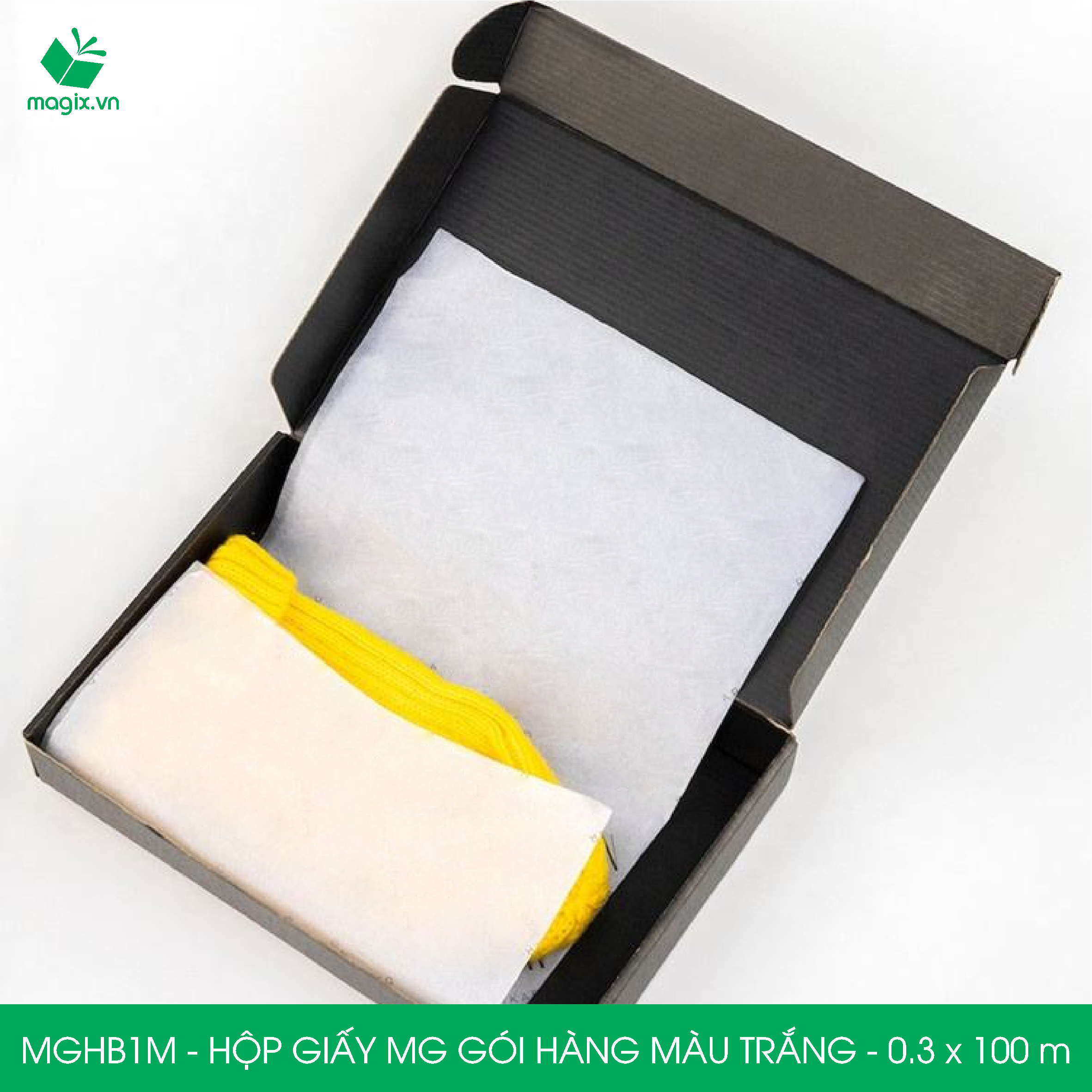 MGHB1M - 0.3x100 m - Hộp cuộn giấy MG, cuộn giấy Pelure trắng gói hàng, cuộn giấy chống ẩm 1 mặt bóng, giấy bọc hàng thời trang