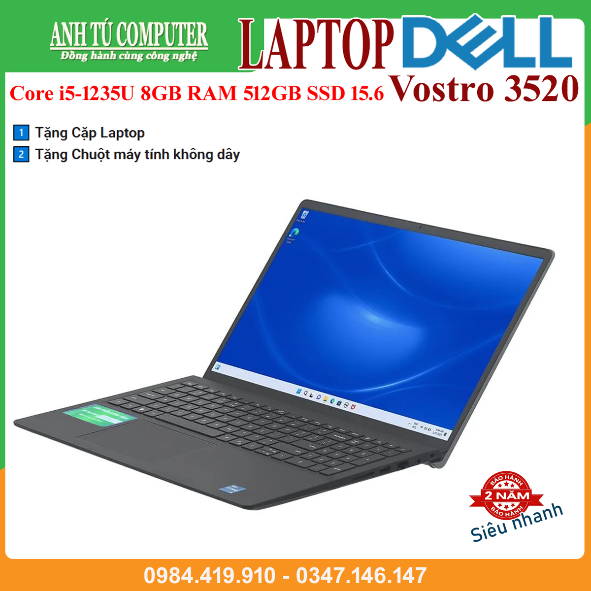 Laptop Dell Vostro 3520 Core i5-1235U 8GB RAM 512GB SSD 15.6″ FHD Black Hàng chính hãng