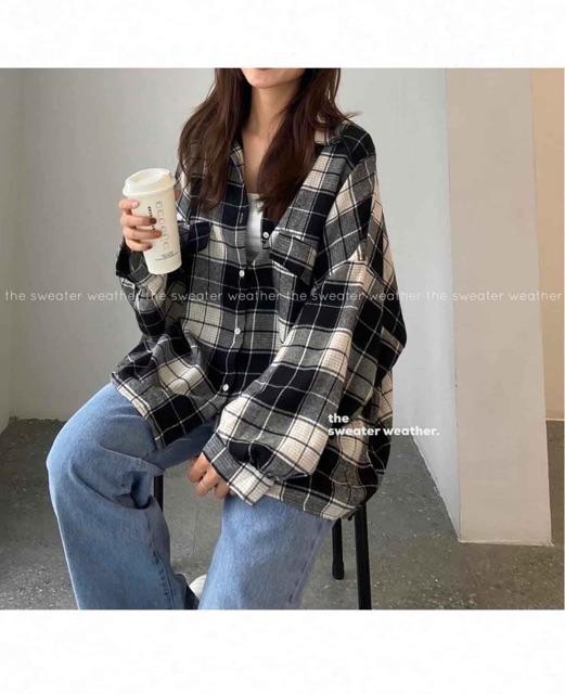 ÁO SƠ MI KẺ CARO DÁNG THỤNG - KẺ ĐEN