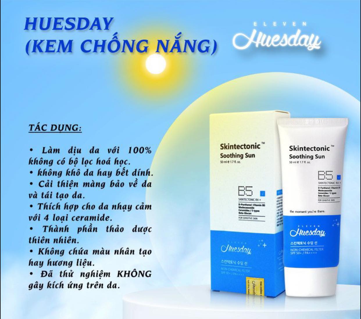 Kem chống nắng vật lý Huesday Hàn Quốc- Eleven Huesday Skintectonic Soothing Sun SPF 50+ ( 50g)
