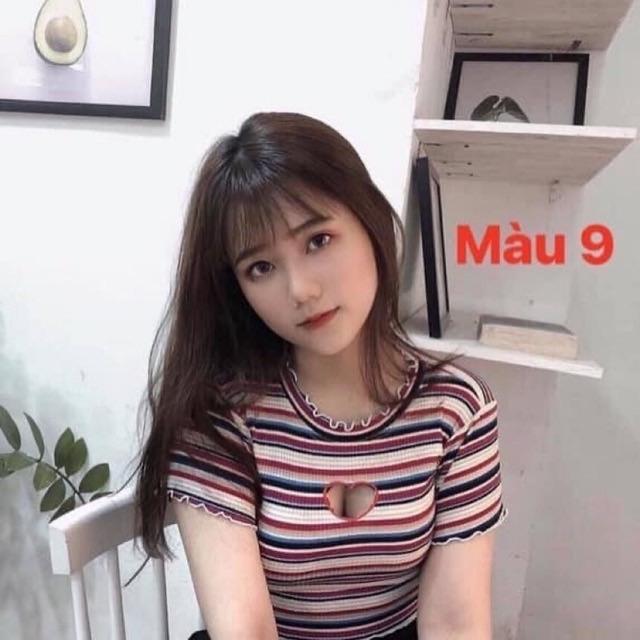 Áo croptop thun gân sọc ngang cut out tim ở cổ  - Chất gân lụa siêu dày mềm mụn dày dặn, co dãn tốt