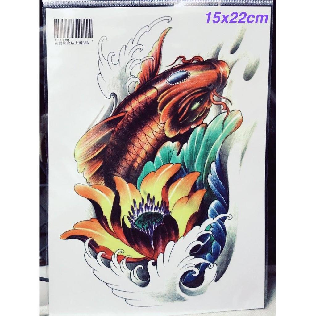 Combo 3 tấm hình xăm dán tattoo cao cấp 15X21cm CÁ CHÉP LƯỚT SÓNG CHỜ HÓA RỒNG